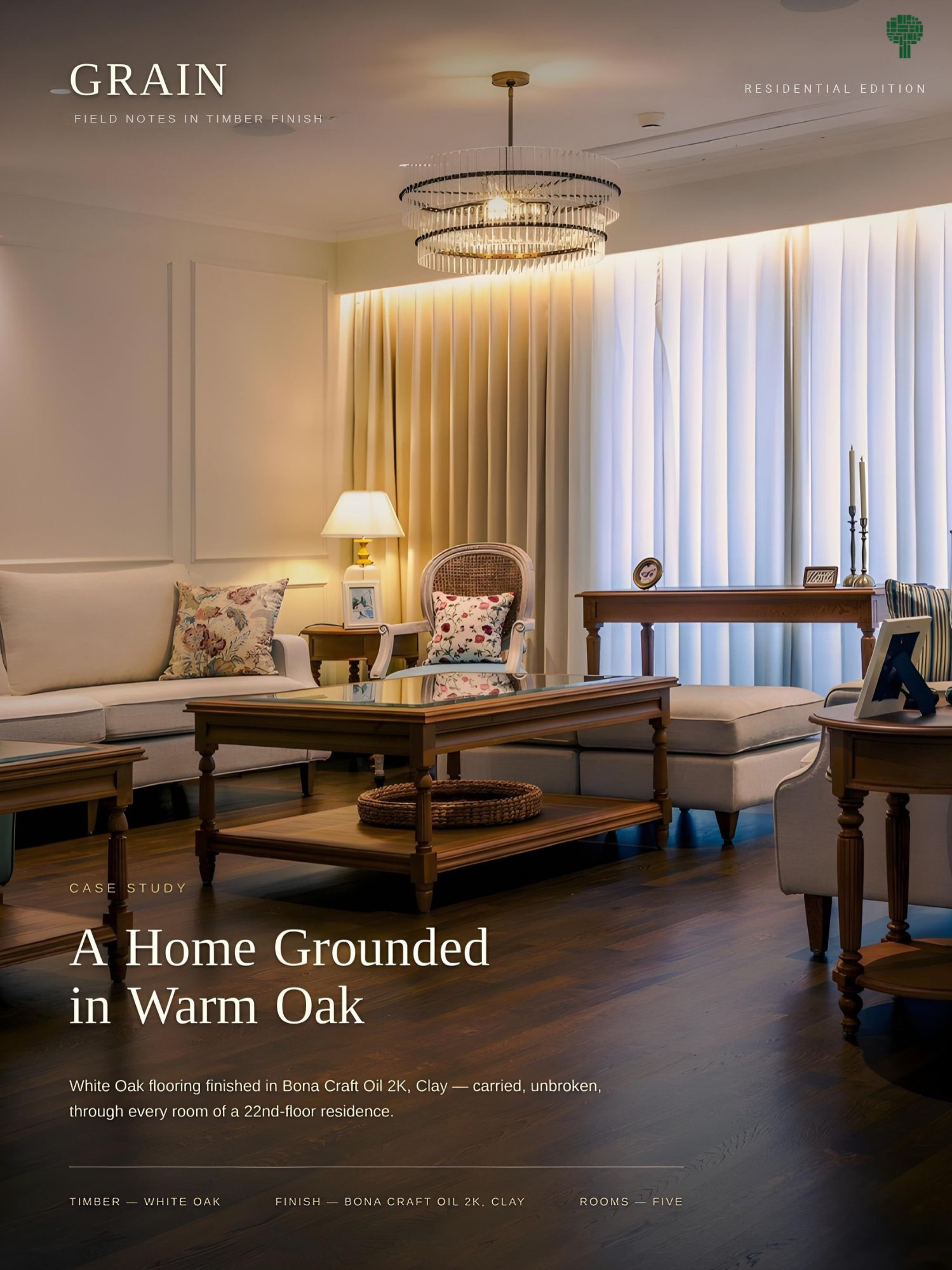 Living room in White Oak flooring finished in Bona Craft Oil 2K Clay, 22nd-floor apartment