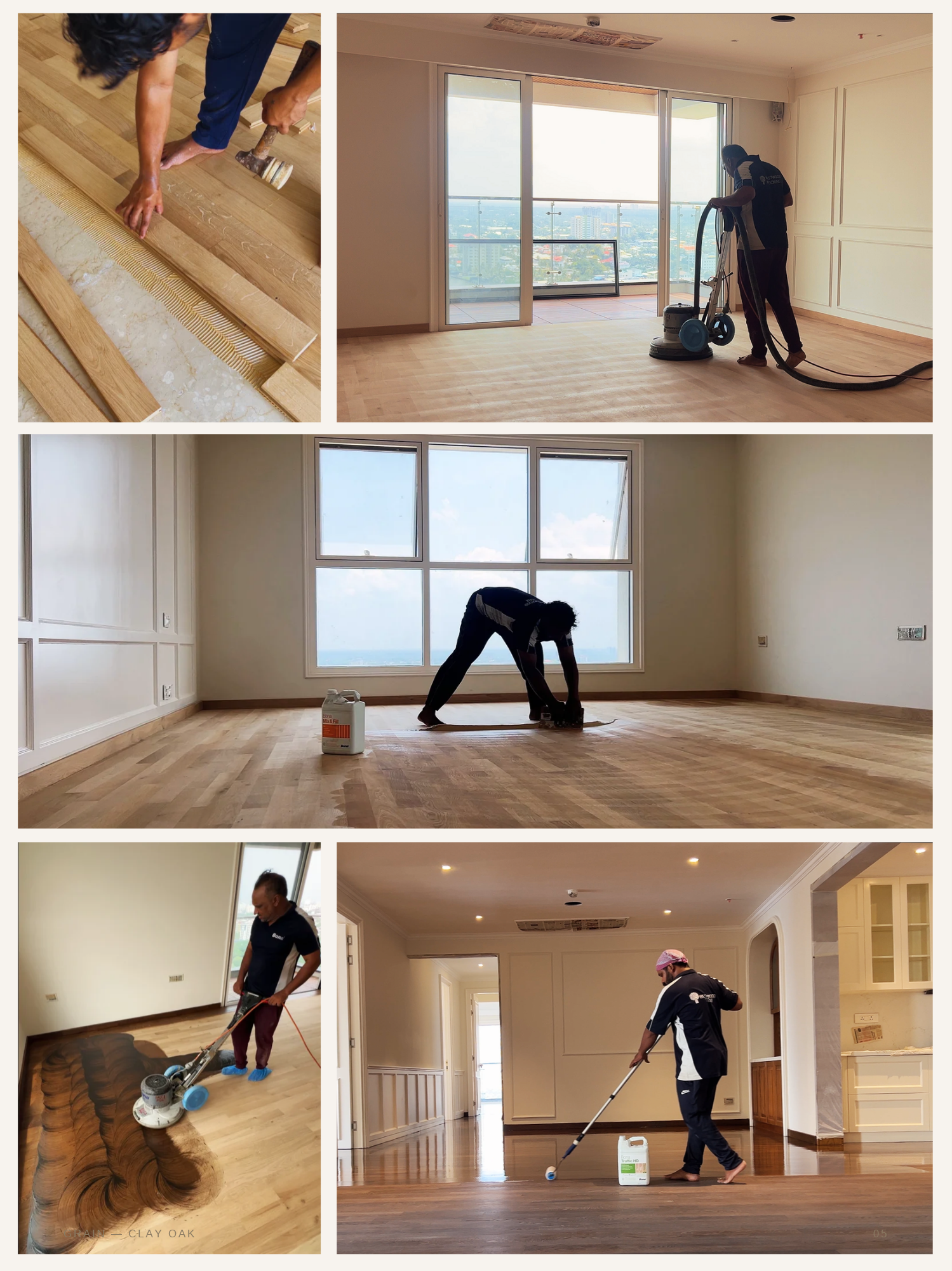 White Oak boards bonded directly to prepared vitrified tile subfloor